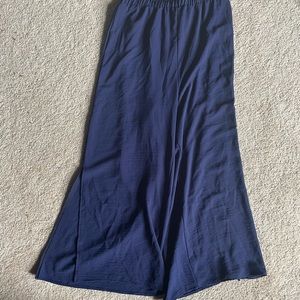 everly navy blue silk flowy pants with v cuts at the bottom